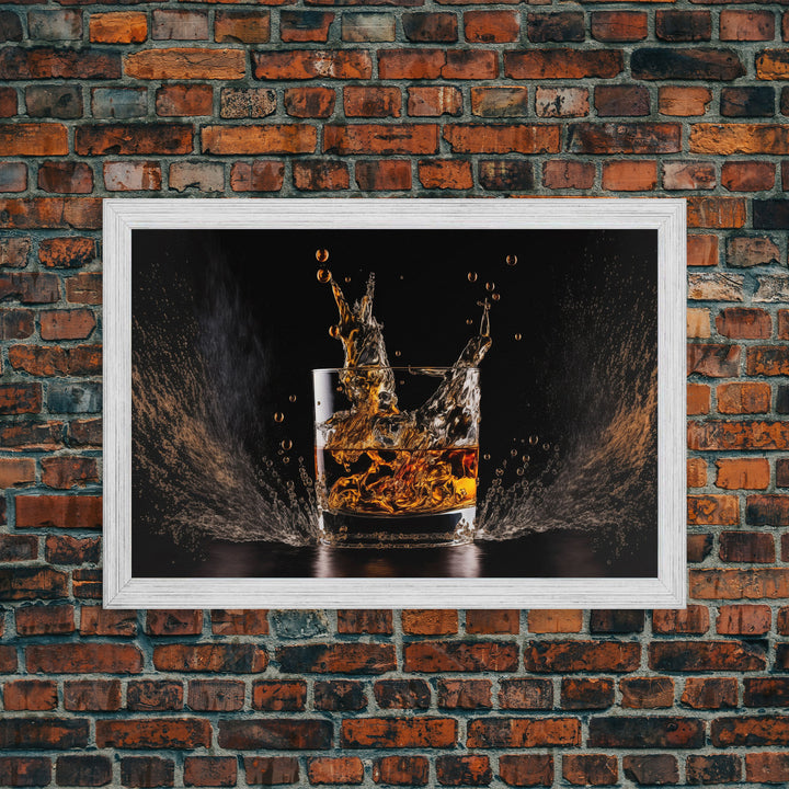 Whiskey Wall Décor, Ice falling into a glass of whiskey, modern / contemporary bar wall art, framed canvas print