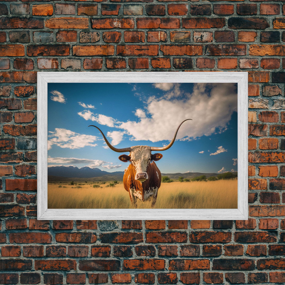 Texas longhorn art Rustic wall art, wall decor Western farmhouse decor, cow framed canvas print, Trendy wall art, Longhorn canvas print