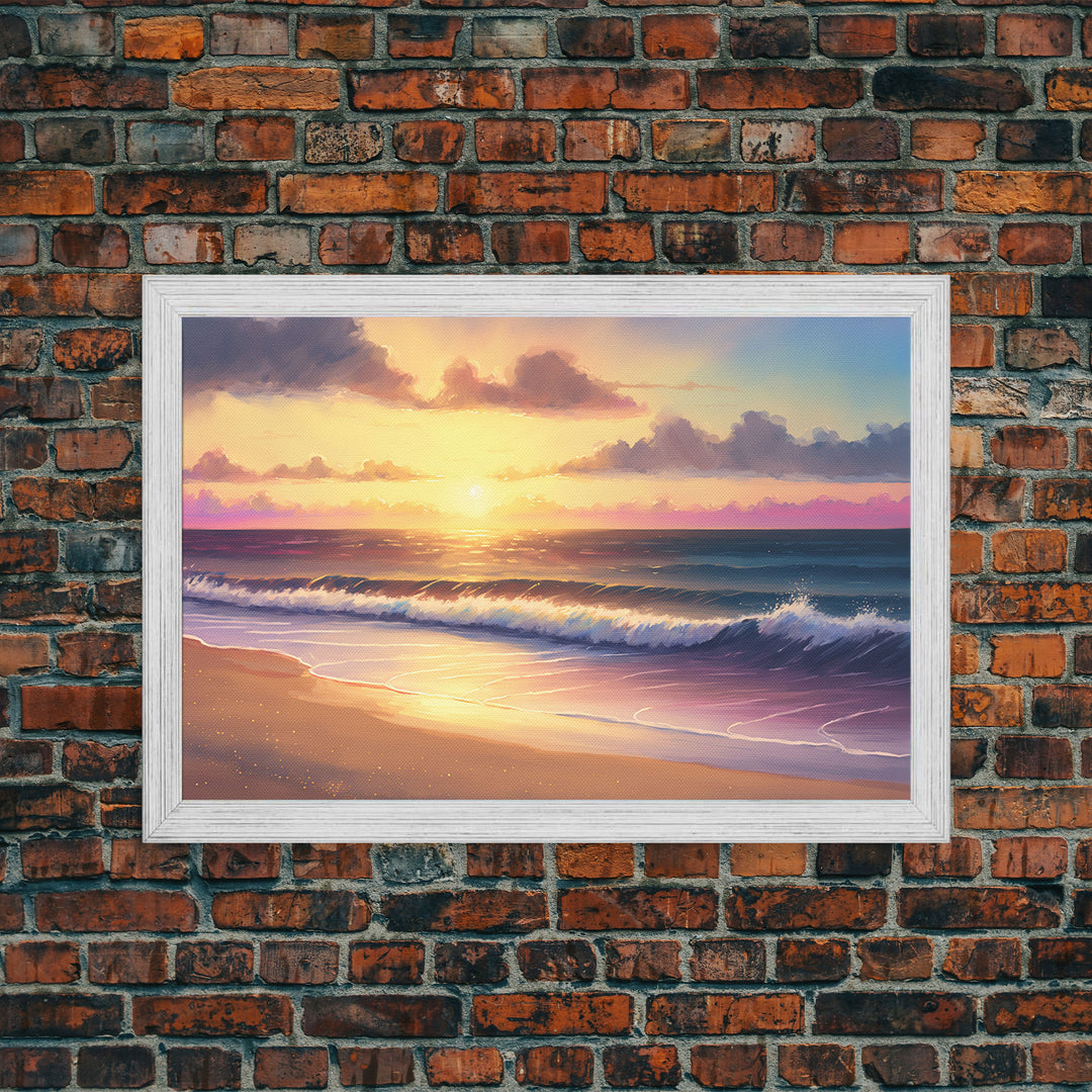 Boho Style Whimsical Beach Art, Framed Canvas Print, Minimalist Modern Farmhouse Decor, Pink Sunset Sky over tide rolling in