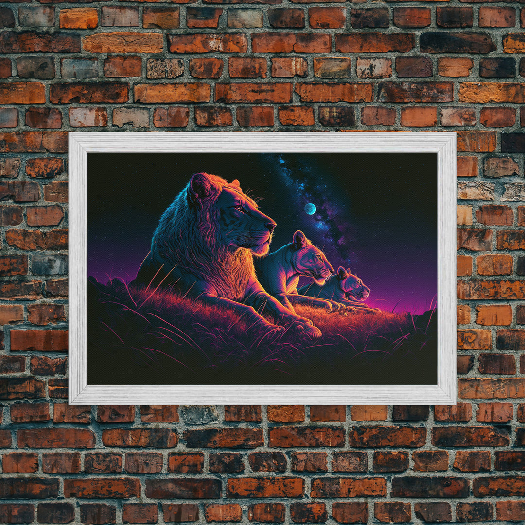 Retro Synthwave Style Lion Art, African Wildlife, Framed Canvas Print, Pastel Tones Wall Decor