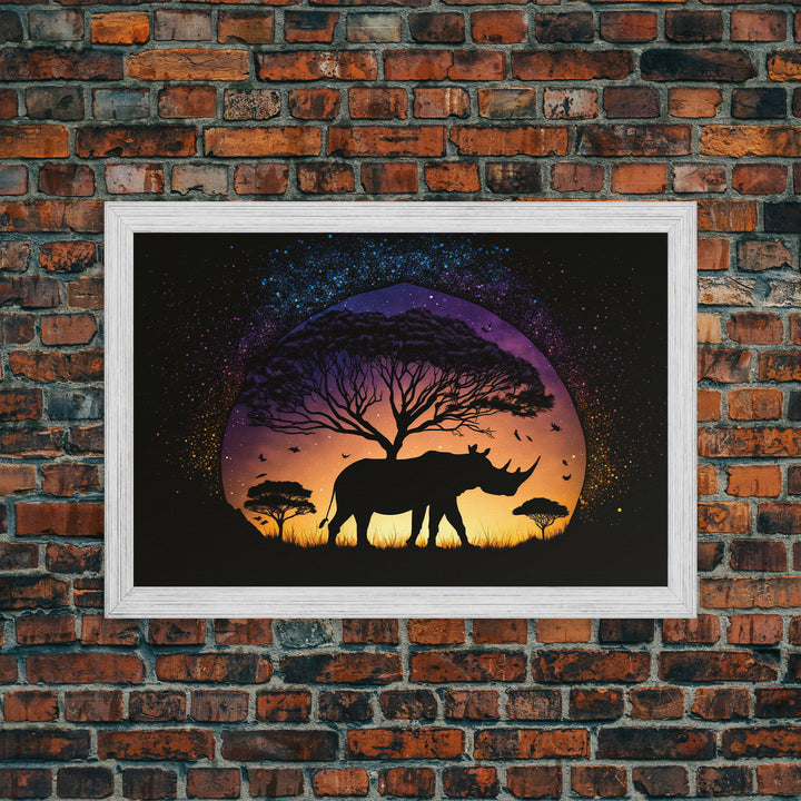 Rhino Silhouette against a starry night sky, wildlife art, animal prints, framed canvas print