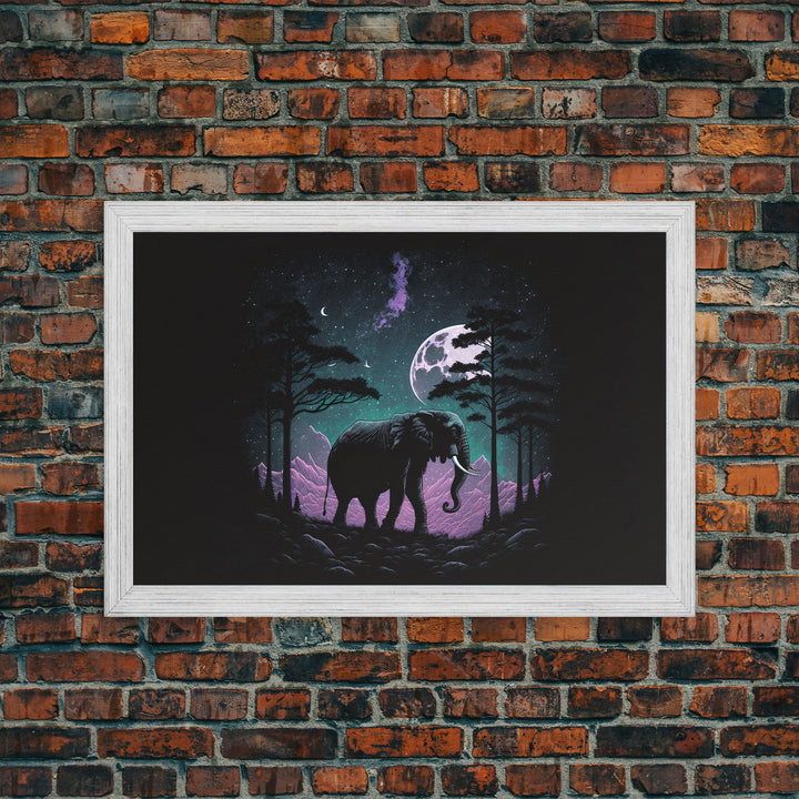 Synthwave Elephant Art | Framed Canvas Print | Framed Wall Art | Animal Prints | Wildlife Art | Elephant Walks Under A Full Moon