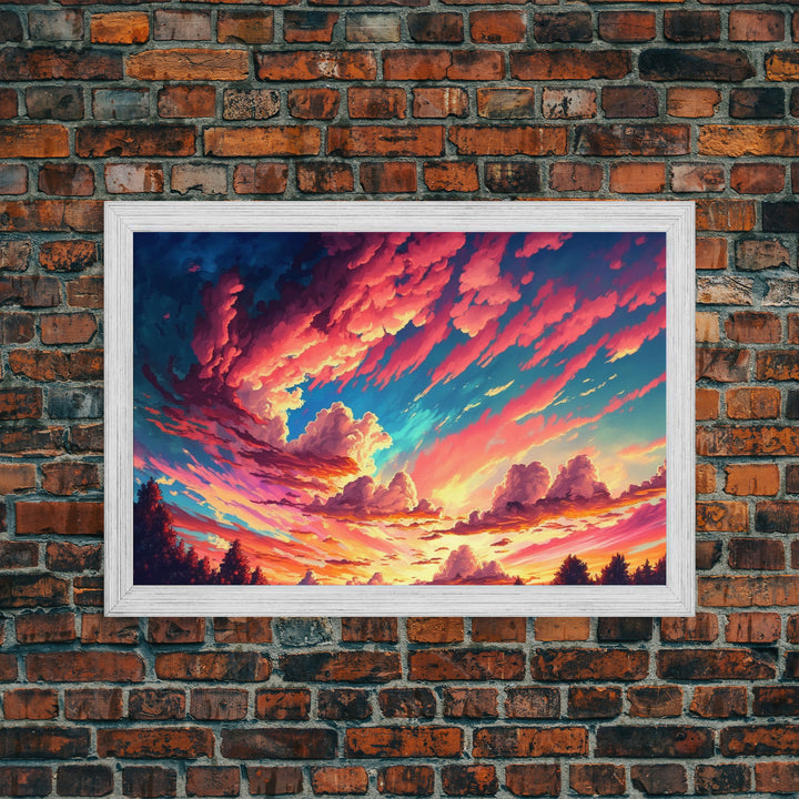 Watercolor of a beautiful cloudy sky at sunset, framed canvas print, landscape art, unique framed wall art