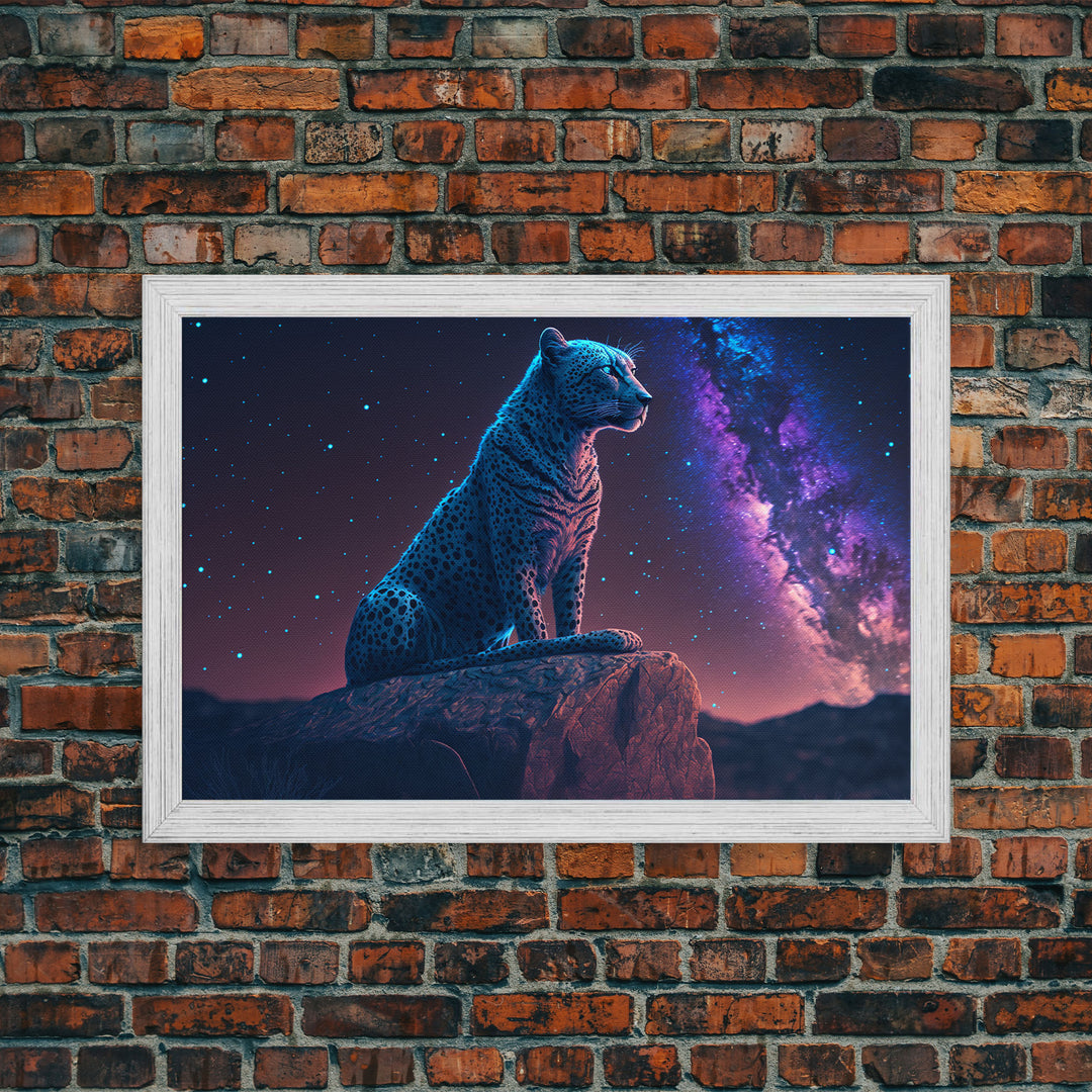 Synthwave Animal Prints, Cheetah and a starry night sky, framed canvas print, cute animal art