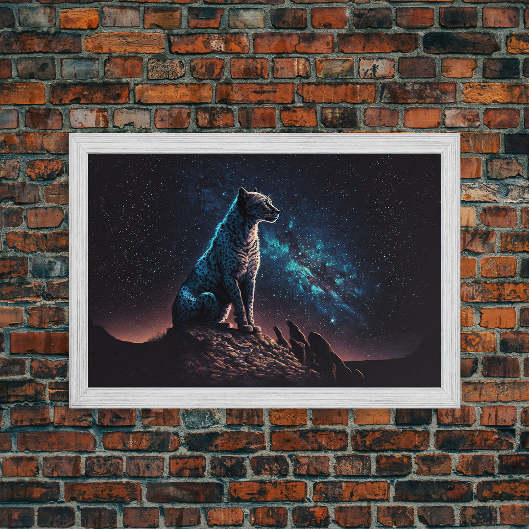 Cheetah Print, Synthwave Animal Prints, Cheetah and a starry night sky, framed canvas print, cute animal art