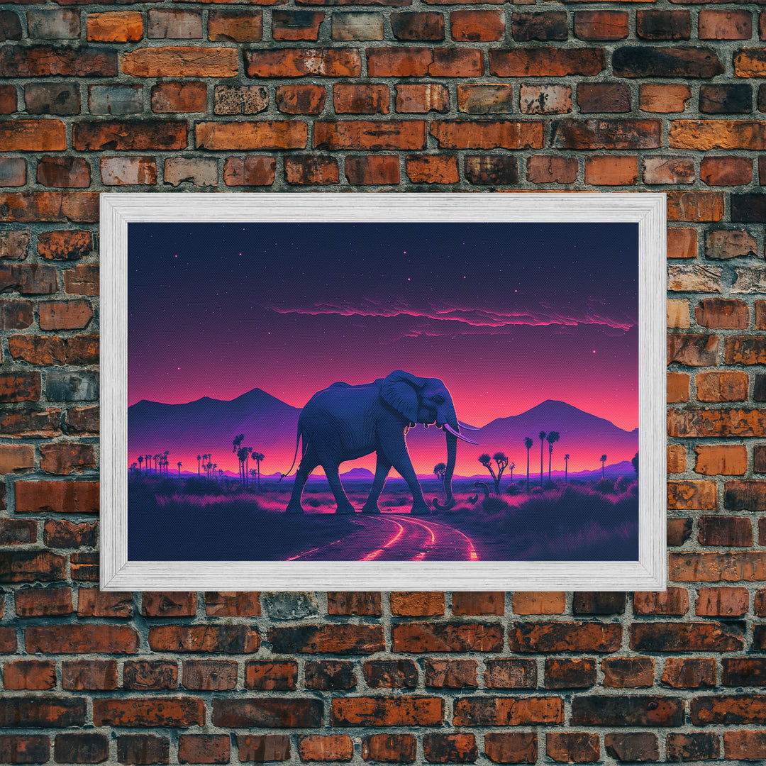 Elephant Art | Framed Canvas Print | Synthwave Style Framed Wall Art | Animal Prints | Elephant Walks Under A Full Moon | Kid's Room Decor