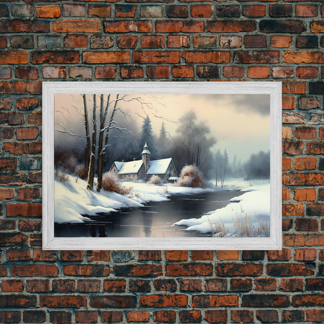 Snow Covered Landscape Art | Church Art | Framed Canvas Print | Snowy Winter Scene | Boho Minimalist Modern Art