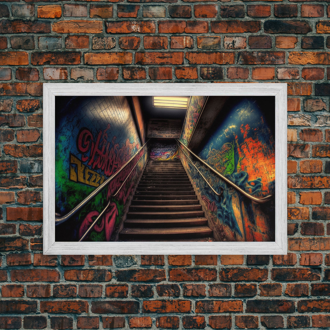 Graffiti Covered Staircase | Subway Stairs | Framed Canvas Print | Punk Art | Dystopian Cyberpunk Art