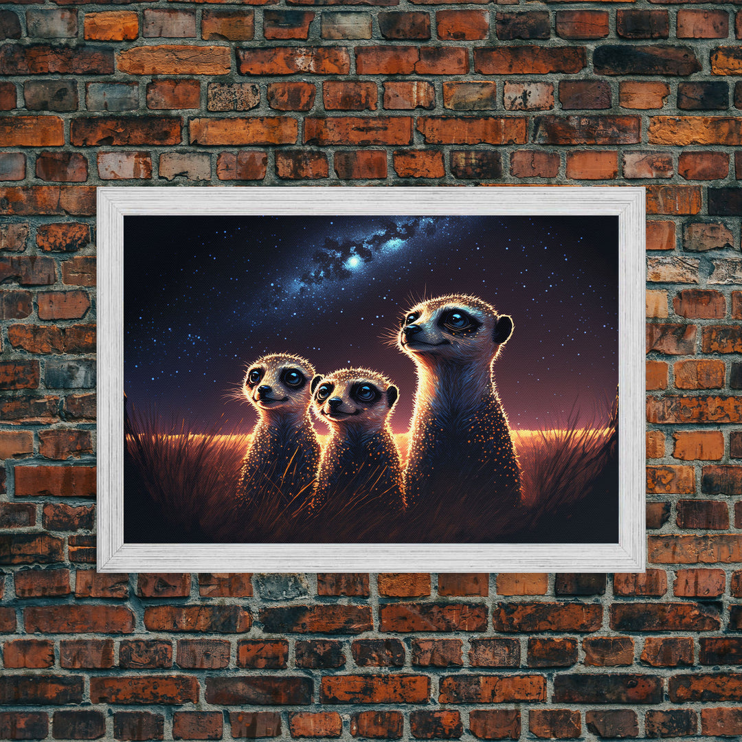 Meerkat Art, framed canvas print, Animal art, starry night over the plains of Africa