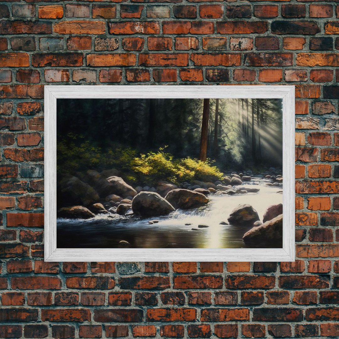 A Rocky Stream, Watercolor Art, Serene nature landscape art, framed canvas print, mouth of the river in the morning light wall art