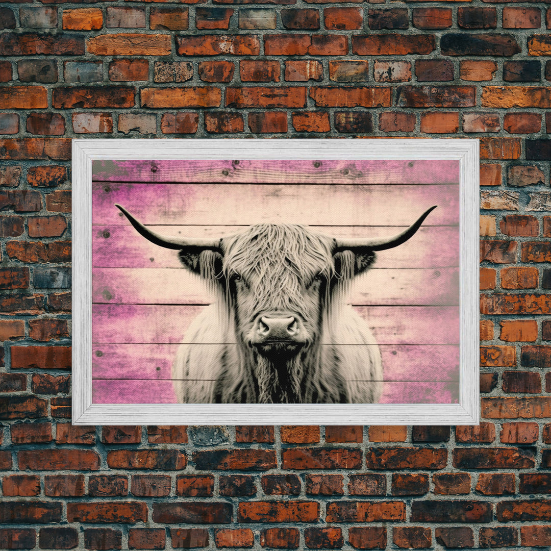 Pink Rustic Cattle Art, Framed Canvas Print, Framed Wall Art, Primitive Rustic Minimalist Farmhouse Decor, Highland Cattle Distressed Art