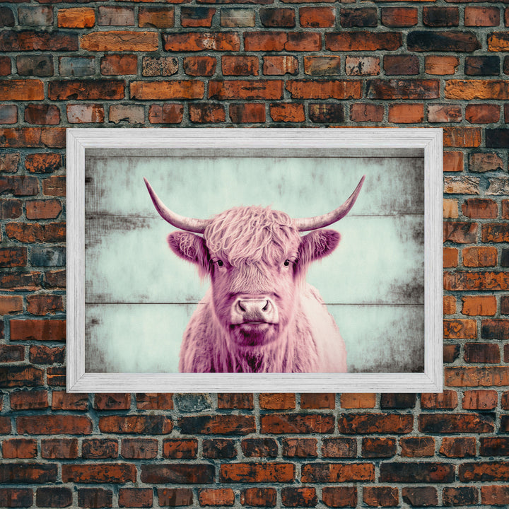 Pink and Turquoise Rustic Cattle Art, Framed Canvas Print, Framed Wall Art, Primitive Rustic Minimalist Farmhouse Decor, Highland Cattle Art