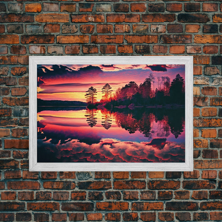 Reflections on the lake, red landscape art, framed canvas print, subdued red nature art