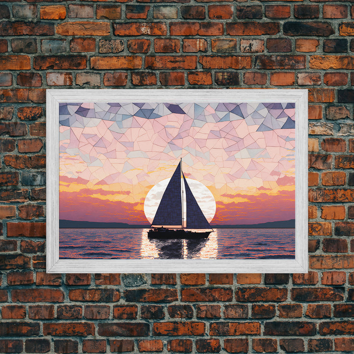 Sailing Under a Stained Glass Sky, Framed Canvas Print, Canvas Art, Nautical Art Deco Style Sunset Art