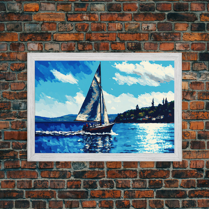 Blue Sky and Blue Sea There's Nothing Else For Me, Framed Canvas Print, Oil Painting Style, Sailing / Sail Boat Art