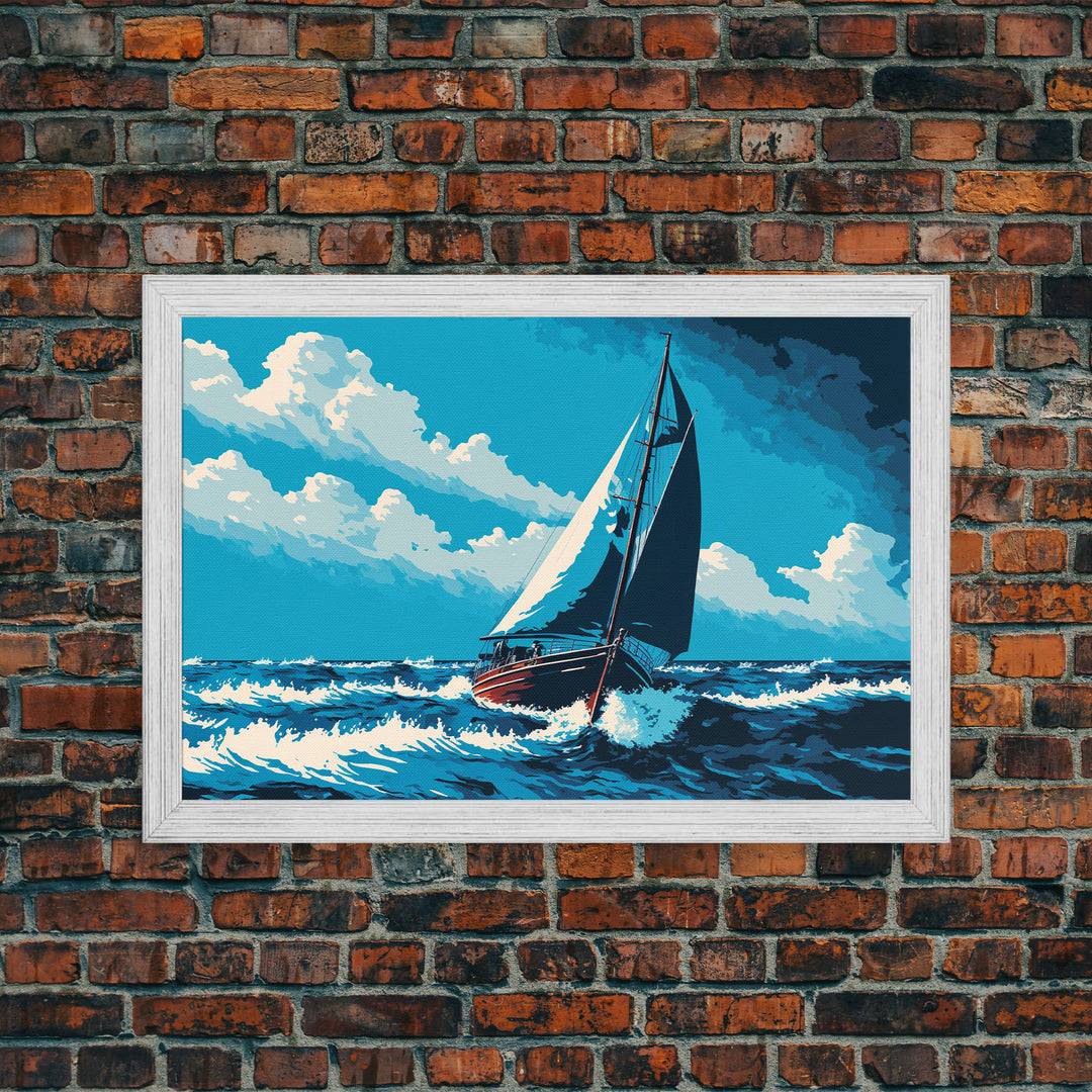 In The Chop, Monochromatic Art, Blue Tones, Framed Canvas Print, Sailing Art, Nautical Themed Decor