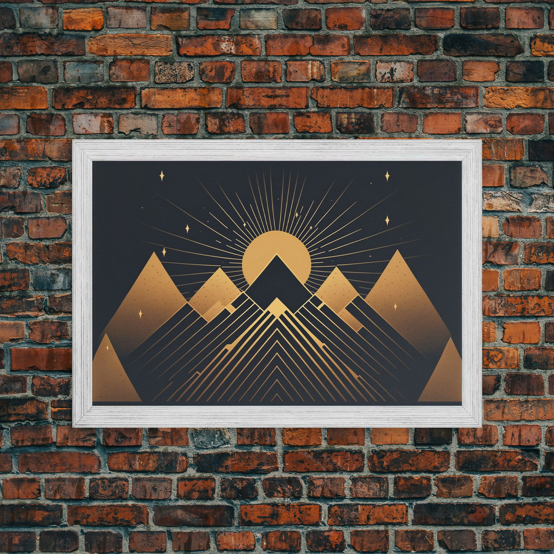 Art Deco Style Mountain landscape at Sunset, Framed Canvas Print, Large Format Wall Art, Huge Wall Decor, Black and Gold