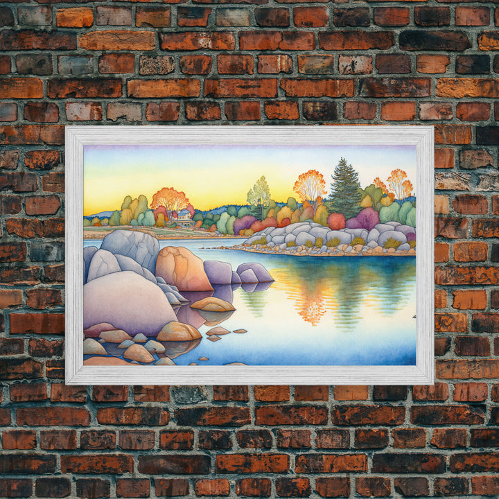 Whimsical Light Tones Watercolor Landscape, Framed Canvas Print, Watercolor Painting, Cottagecore, Farmhouse Art