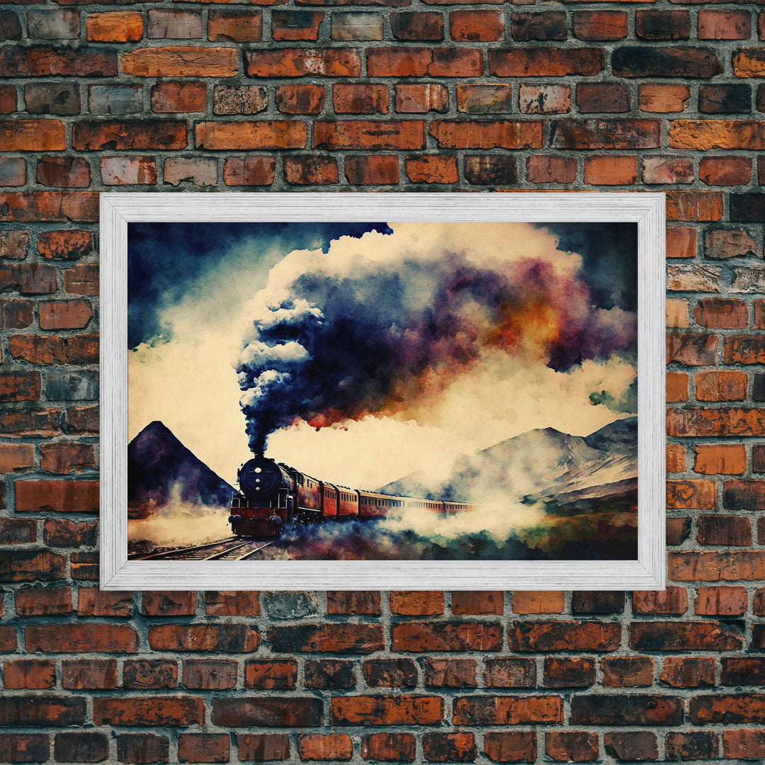 Steampunk Train Watercolor Print, Framed Canvas Art, Wild West 1800s Steam Train, Full Steam Ahead