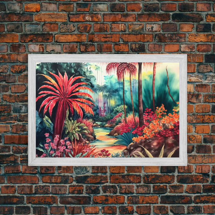 Tropical Jungle Paradise Watercolor, Framed Canvas Print, Canvas Art, Colorful Jungle Painting