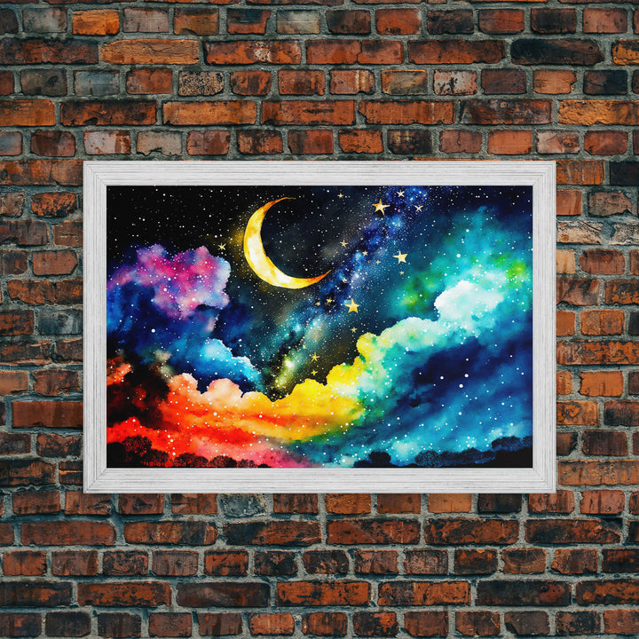 Rainbow Starry Night Sky, Milky Way Galaxy Abstract, Framed Canvas Print, Unique Scifi Space Art, Nursery Art For Kids