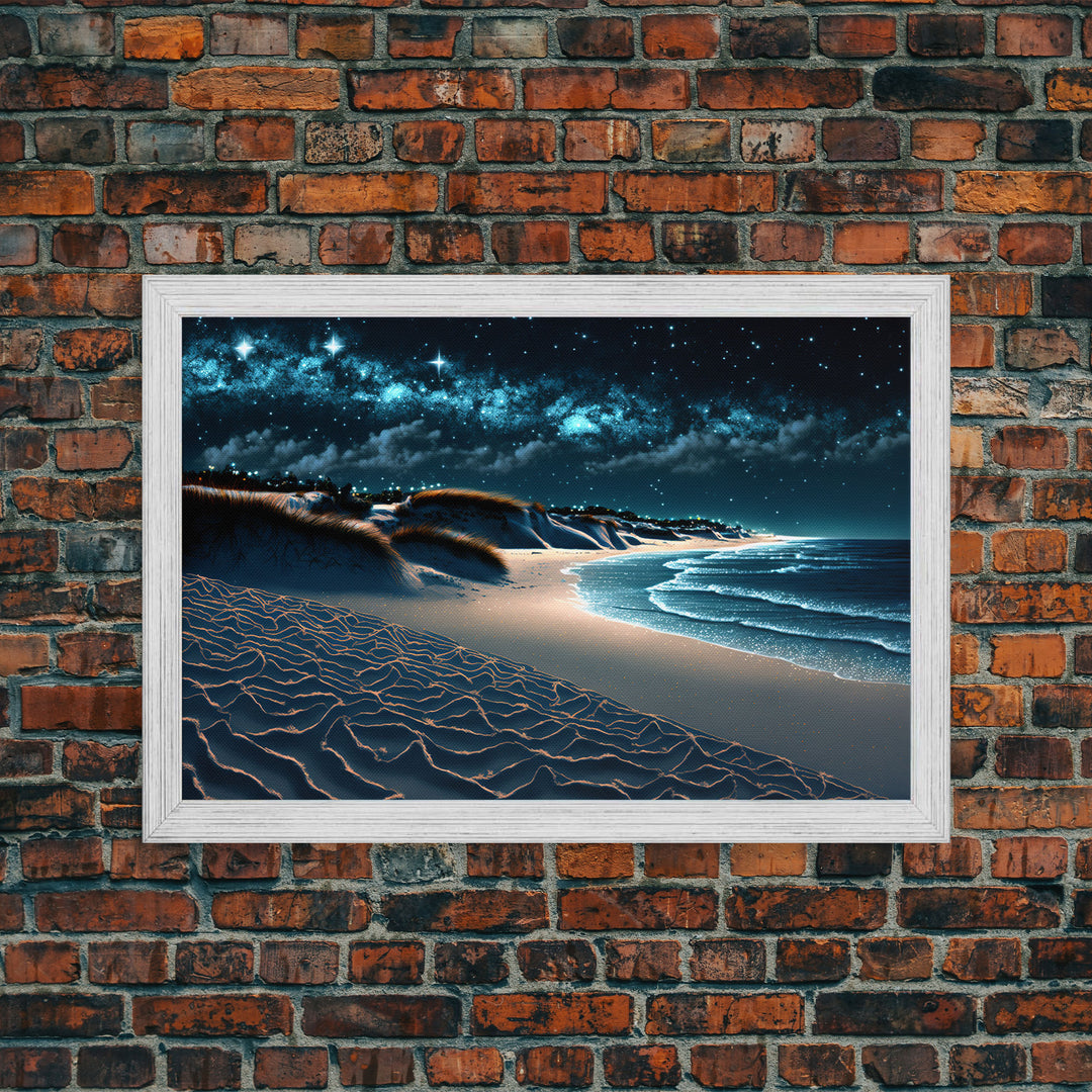 Painting Of a Beach at Night, Canvas Print, Framed Canvas Art, Starry Night Sky, Beach House Art, Large Living Room Art