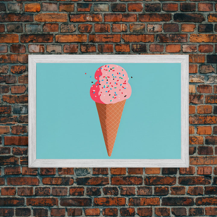 Pop Art Ice Cream Cone With Sprinkles, Retro Style Framed Canvas Print Art, Turquoise Art, Vintage Inspired Ice Cream Shop Wall Art