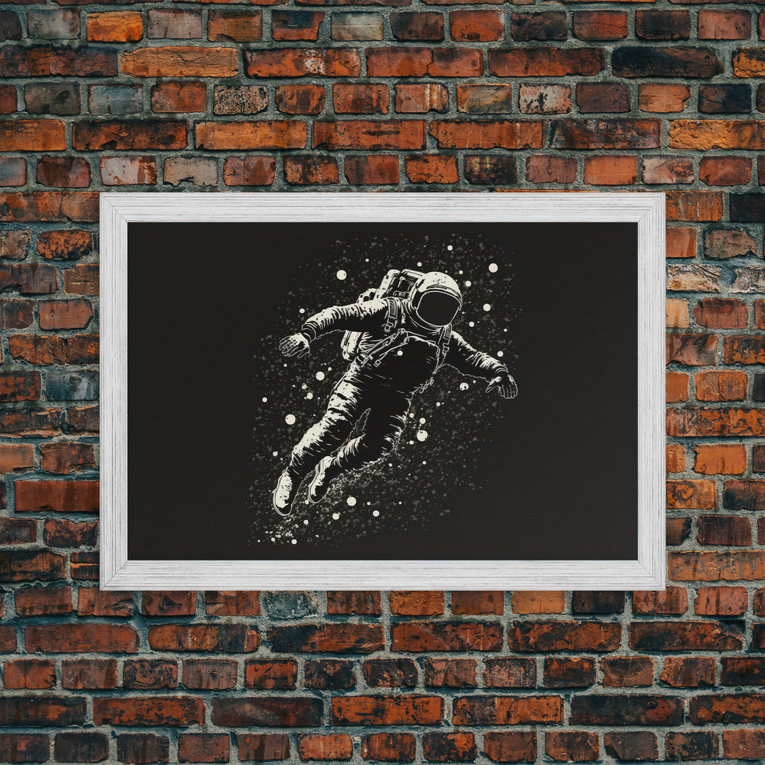 Adrift - Astronaut Lost In Space - Framed Canvas Print - Black and White Space Art