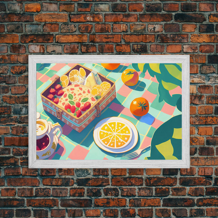 Picnic Art, Whimsical Summer Deserts, Framed Canvas Print, Fruit Tart Painting, Picnic Basket Art