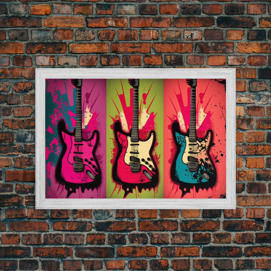 Electric Guitar Pop Art, Instrument Drawings, Framed Canvas Print, Pop Art, Graffiti Splatter Art, Large Living Room Wall Decorr