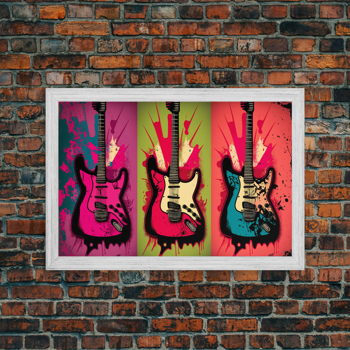 Electric Guitar Pop Art, Instrument Drawings, Framed Canvas Print, Pop Art, Graffiti Splatter Art, Large Living Room Wall Decorr