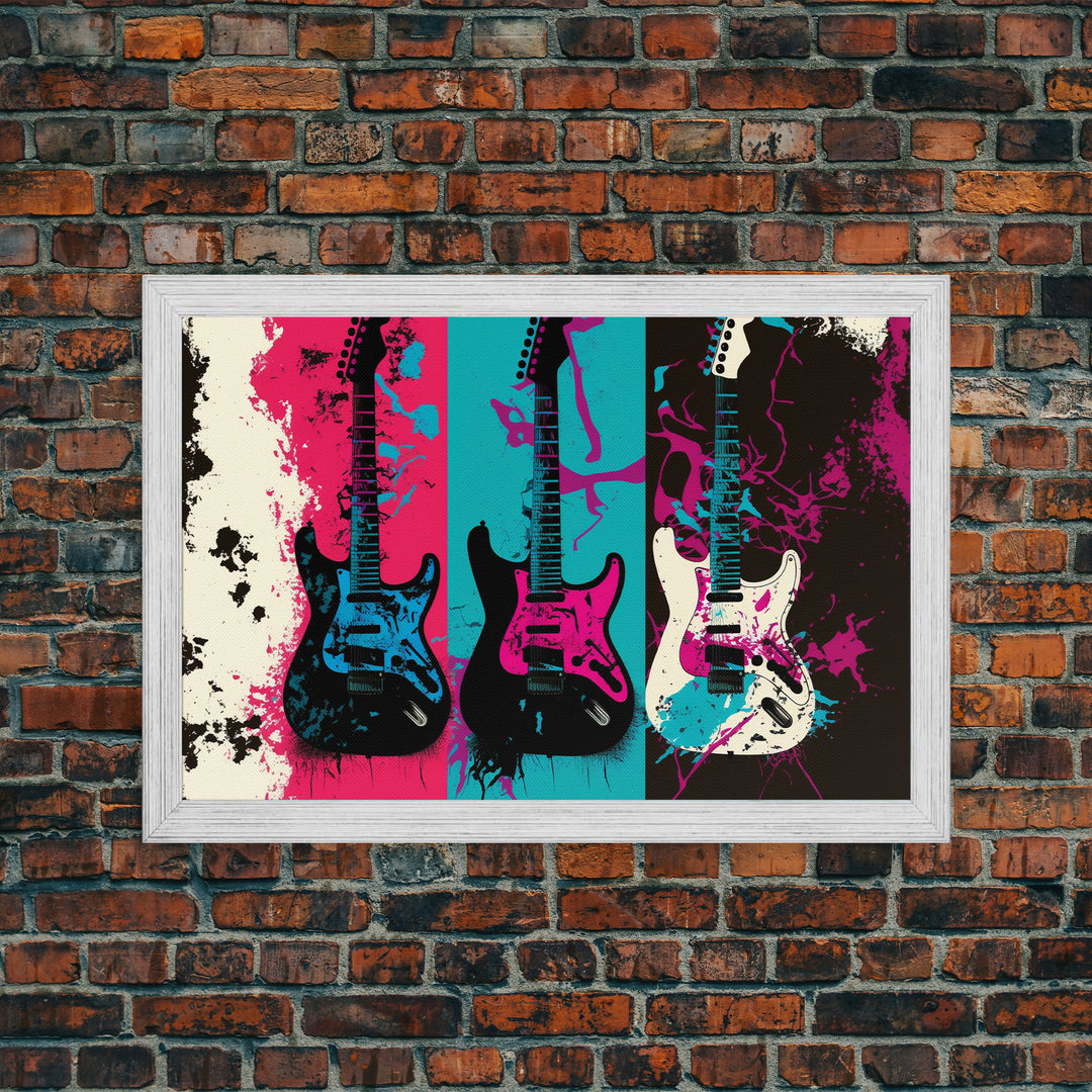 Electric Guitar Graffiti Punk Pop Art, Instrument Drawings, Framed Canvas Print, Pop Art, Splatter Art, Large Living Room Wall Decorr