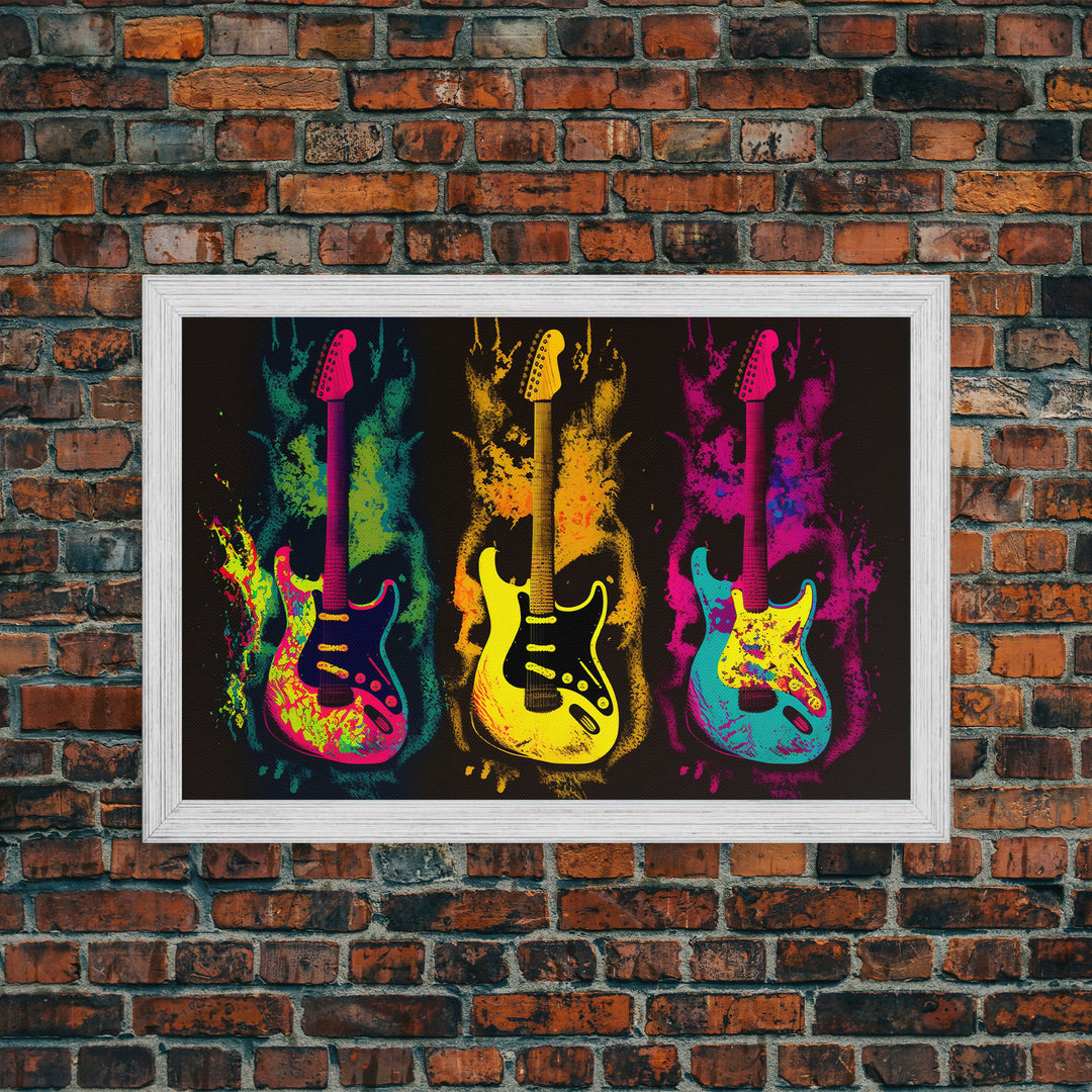 Psychedelic Electric Guitar Graffiti Pop Art, Instrument Drawings, Framed Canvas Print, Pop Art, Splatter Art, Large Living Room Wall Decorr