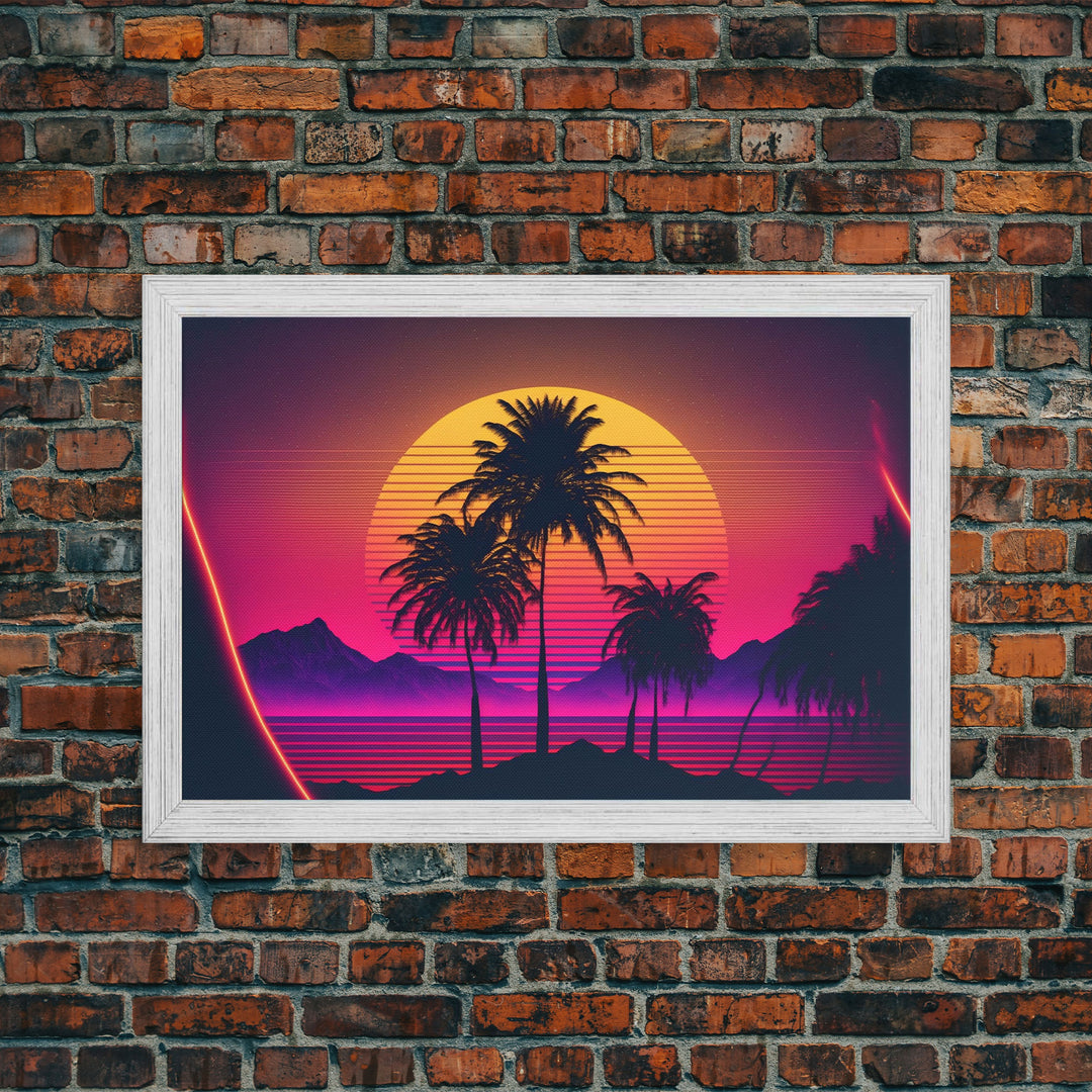 Synthwave Sunset Behind Beautiful Palm Trees, 1980s Style Retro Home Decor, Framed Canvas Print