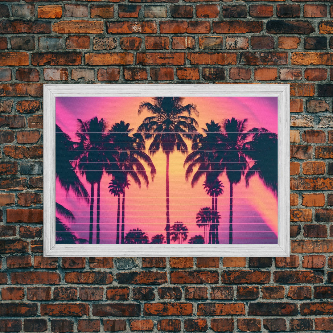 Synthwave Sunset Art, Framed Canvas Print, Palm Tree 80s Vibe Wall Art