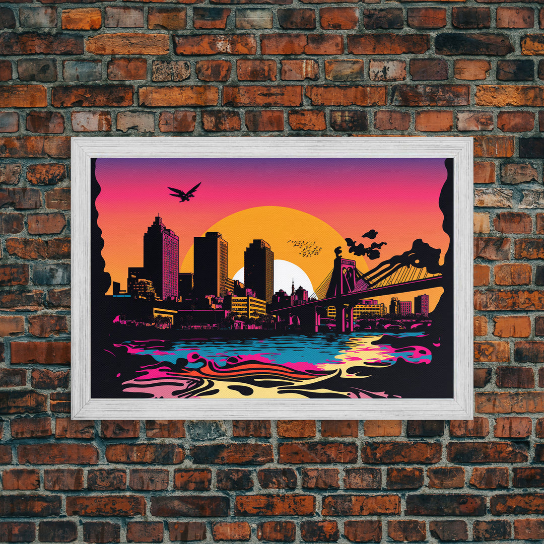 Beautiful Portland, Oregon Retro Synthwave Style Sunset Art, Framed Canvas Print, Pacific Northwest City Art