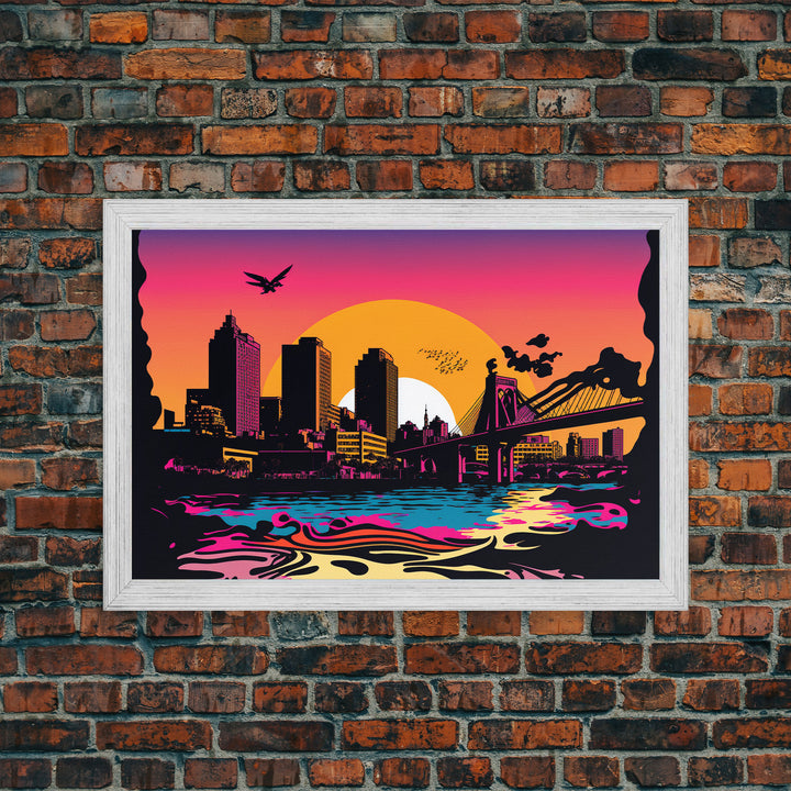 Beautiful Portland, Oregon Retro Synthwave Style Sunset Art, Framed Canvas Print, Pacific Northwest City Art