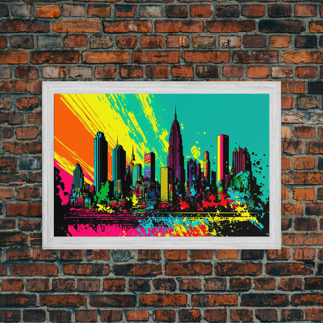 Chicago City Skyline Graffiti Art, Framed Canvas Print, Large Office Wall Decor, Huge Living Room Art