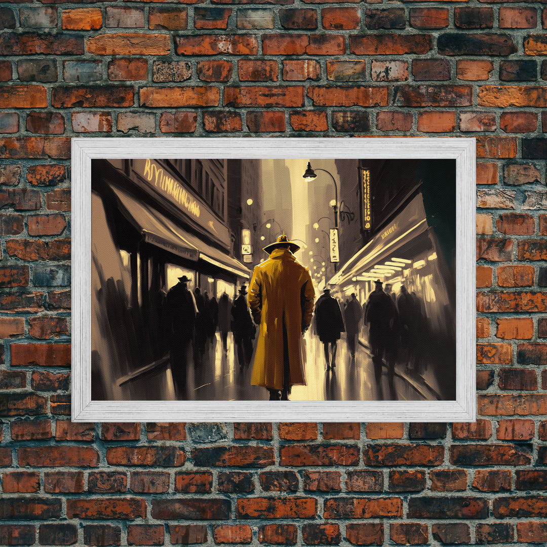 The Man in The Trench Coat, Framed Canvas Print, Time Lapse Watercolor Painting, Subdued Office Wall Art, Noir Art