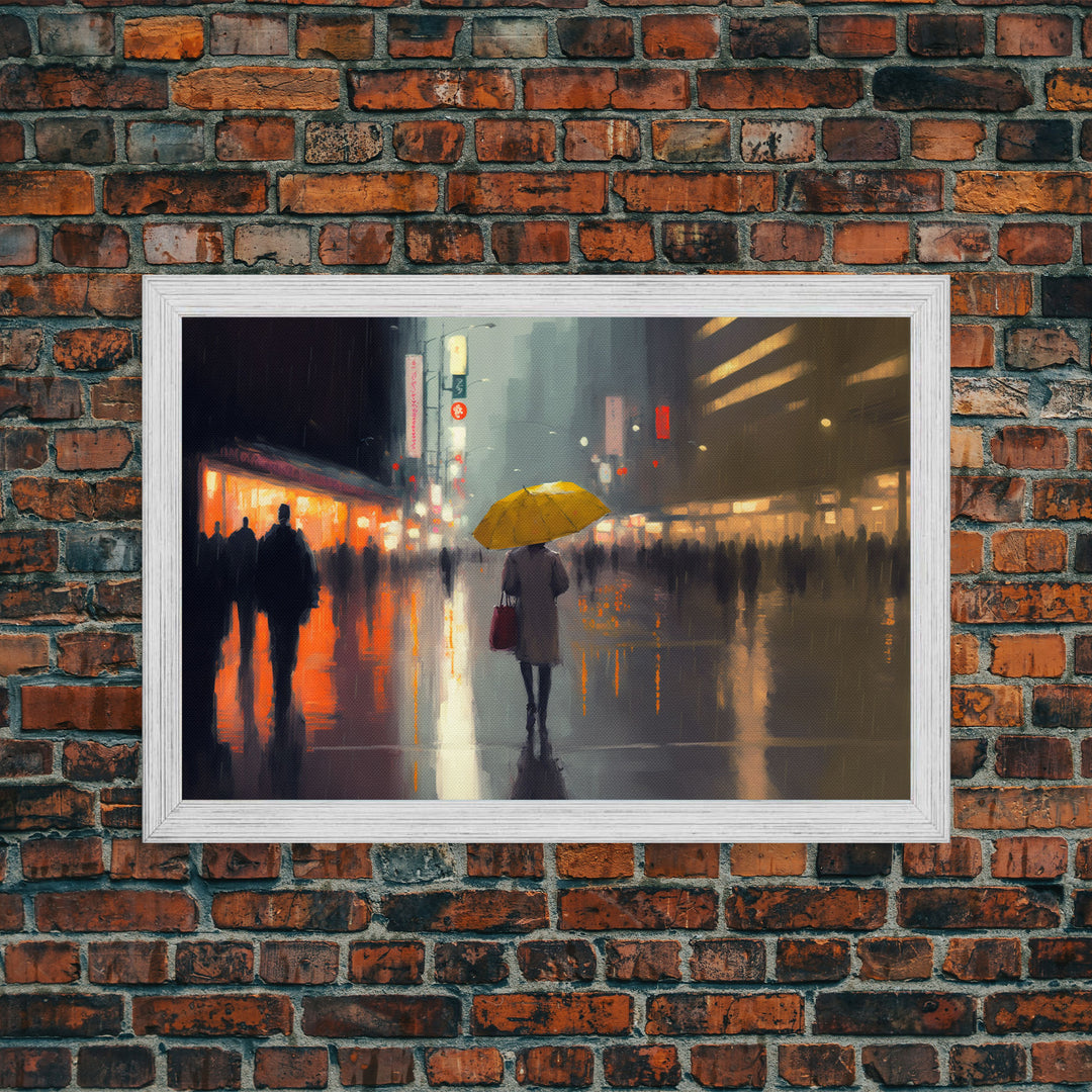 Rainy City At Night, Framed Canvas Print, Dystopian Rain Art, Huge Wall Art, Large Oversized Wall Decor