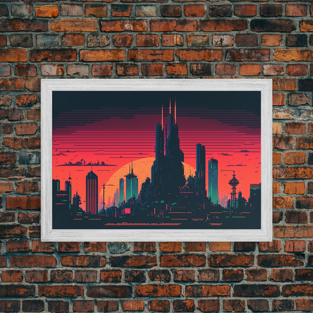 Outrun Style Pixel Art Futuristic Cyberpunk City Skyline at Sunset, Concept art, framed canvas print, dystopian art