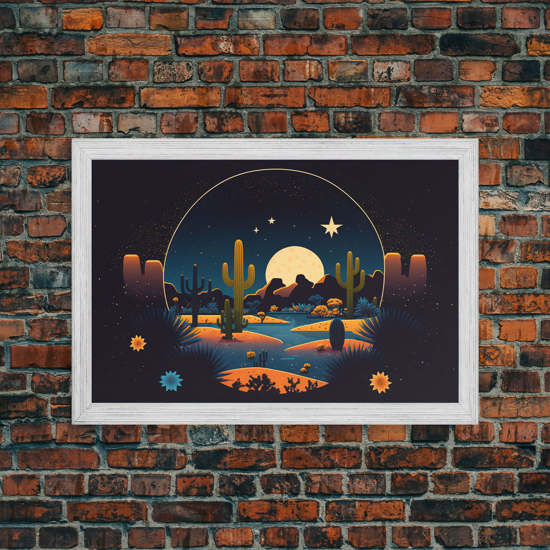 Retro Art Deco Style Pueblo Desert Art, Cactus Desert Landscape under a Full Moon, Framed Canvas Print, Cute Western Decor