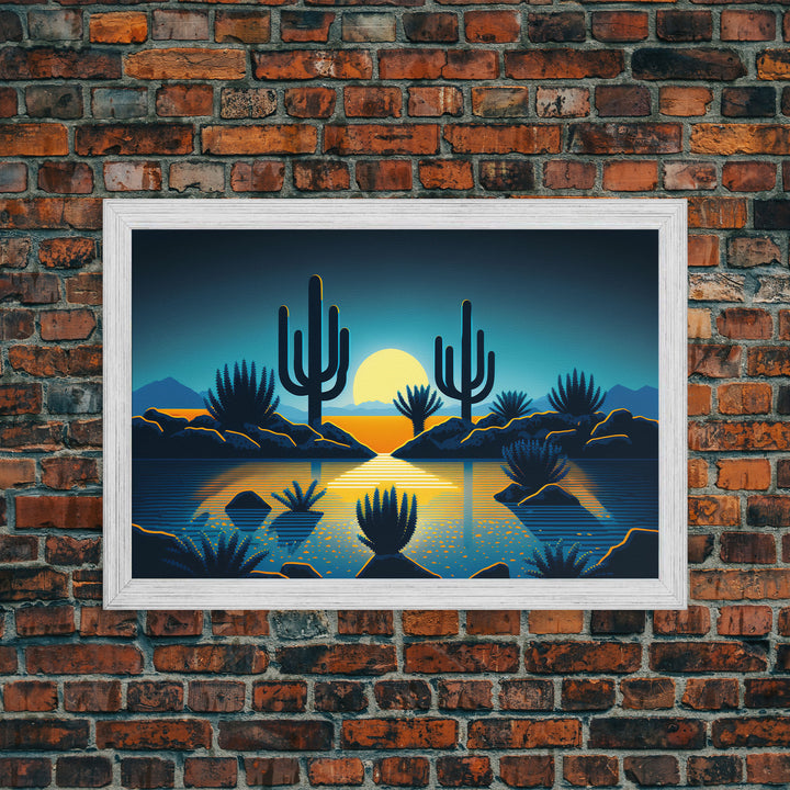 Retro Art Deco Style Pueblo Desert Art, Cactus Desert Landscape under a Full Moon, Framed Canvas Print, Cute Western Decor