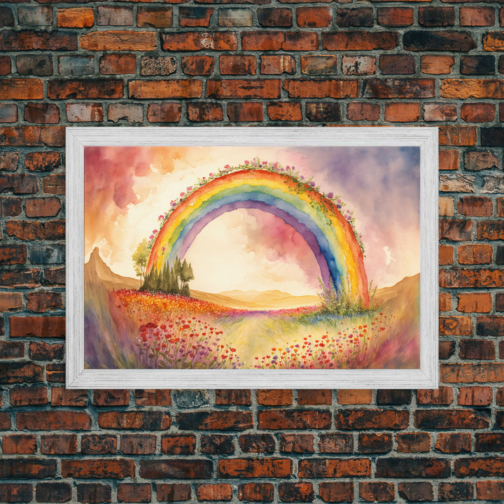 Watercolor of a Rainbow With Flowers, Framed Canvas Print, Framed Wall Art, Huge Framed Living Room Wall Decor, Rainbow and Flowers, Floral