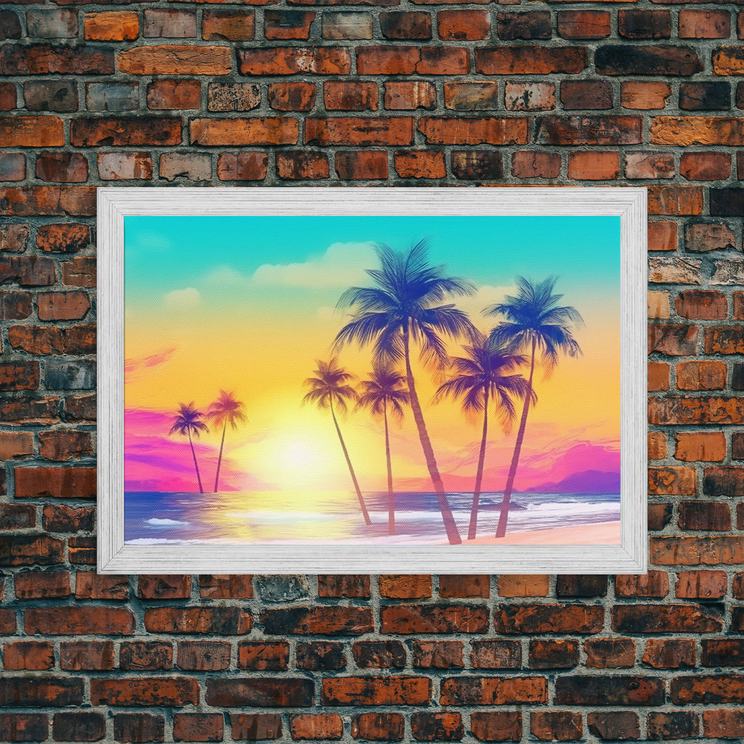 Colorful sunset Wall art, Framed Canvas Print, Synthwave Style, Guest room art, Pop Art Style, Watercolors, Beautiful art, Tropical Art