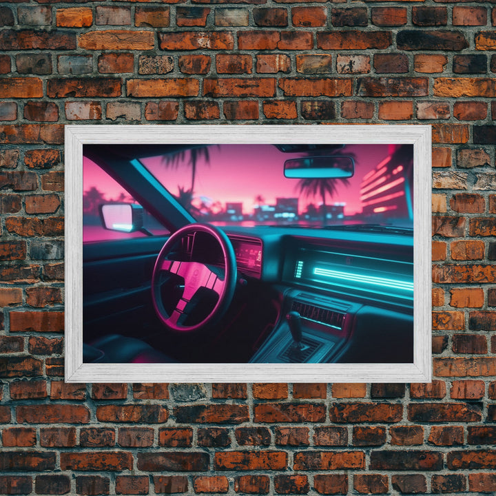 Car interior Wall Art | Framed Canvas Print | Living room art | Neon Lights | Outrun Style | Guest room art | Retro art | Beautiful Art