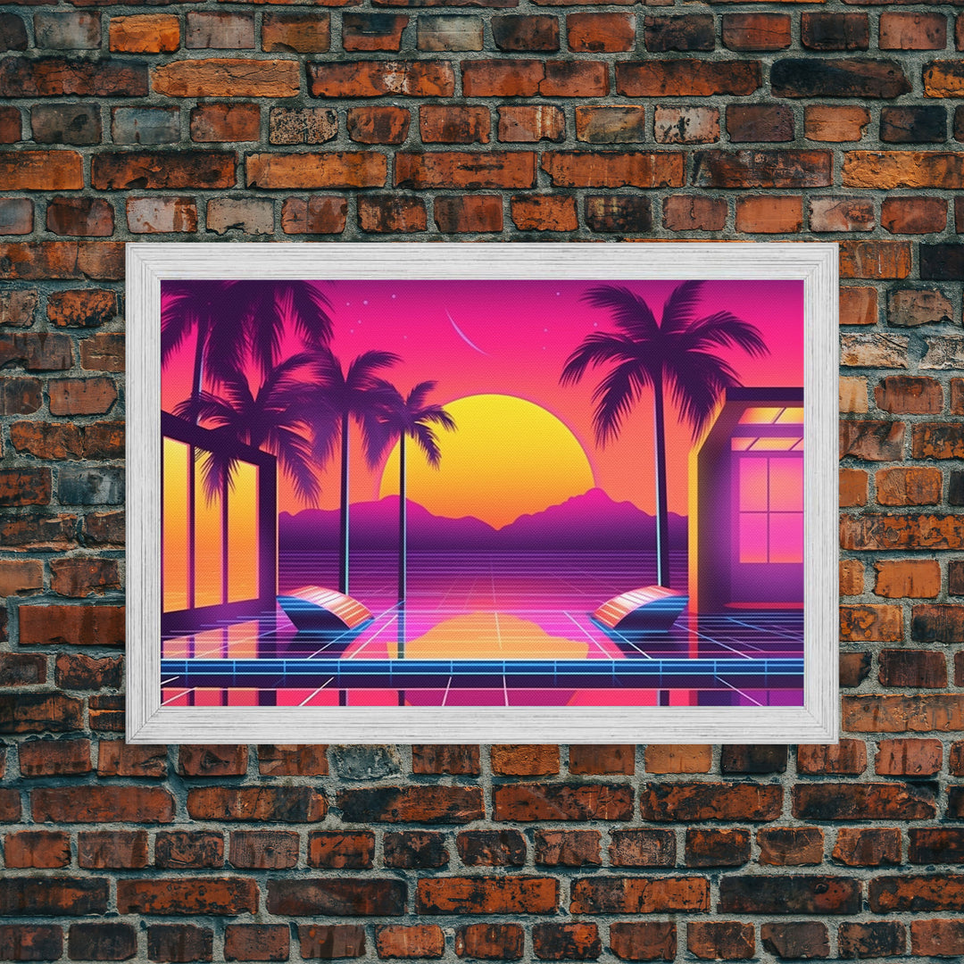 Sunset Penthouse Wall Art, Framed Canvas Print, Pop Art Style, Synthwave Style, Living room art, Colorful painting, Pink colors, Hot sunset