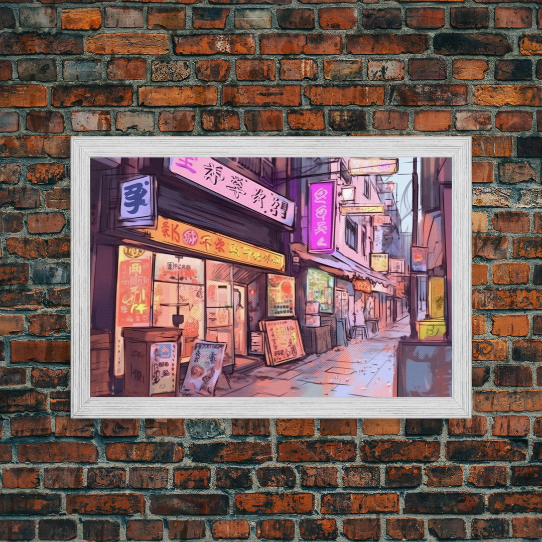 Tokyo Newspaper Kiosk - Downtown Tokyo In the 80s - Framed Canvas Print - Outrun Style Decor - Wall Art