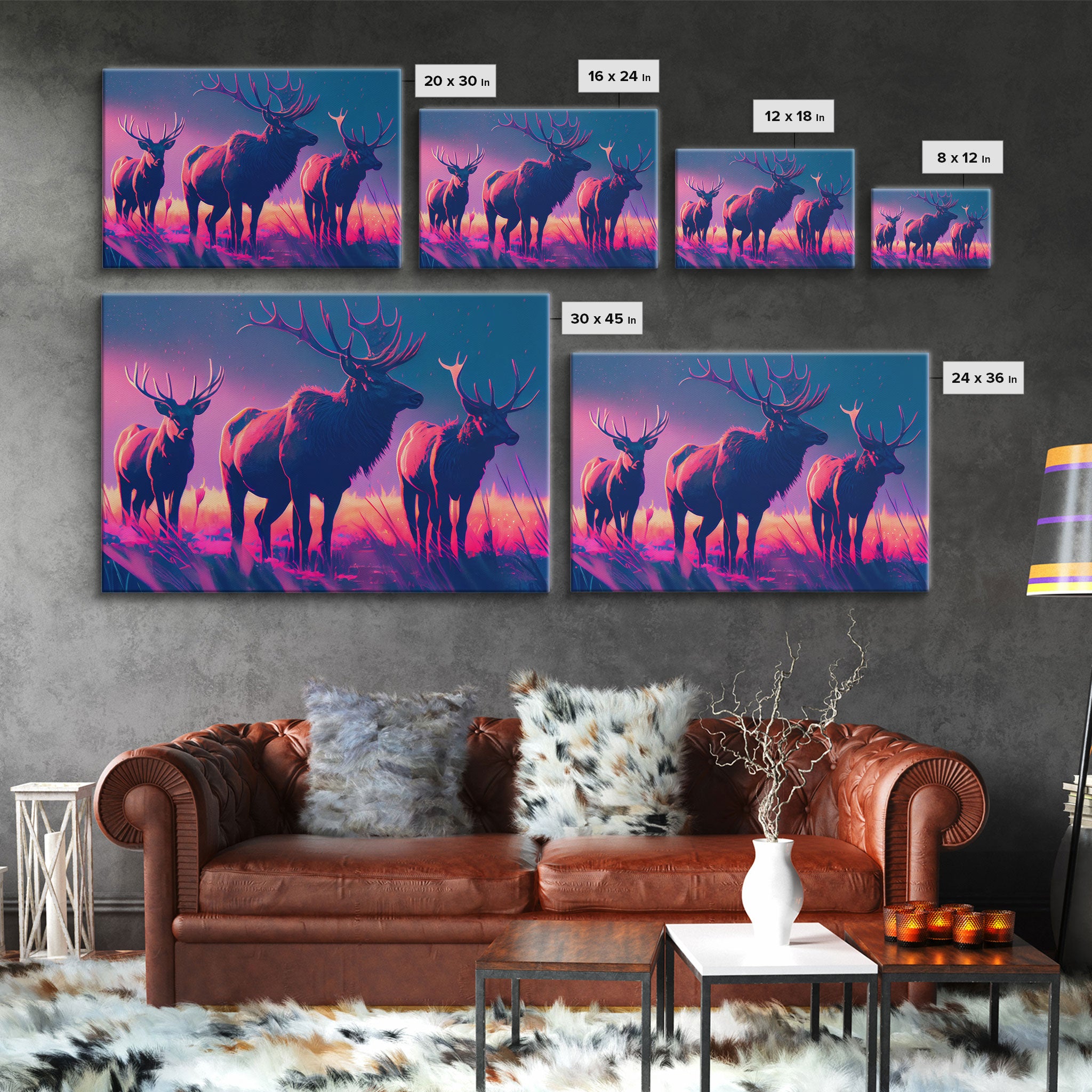 Vaporwave landscape, Elk in the plains at sunset, framed canvas art, canvas print, framed wall art