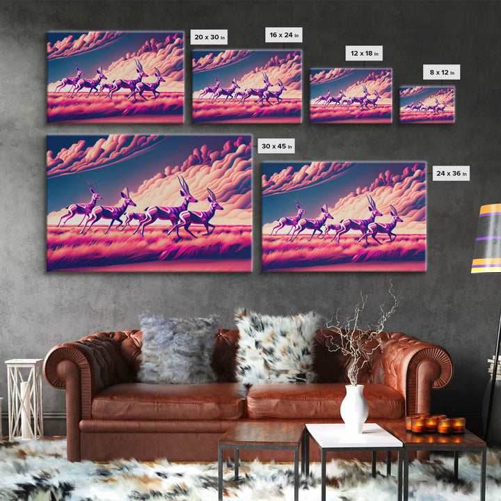 Herd of African Gazelles, vaporwave art, synthwave aesthetic nature print, framed canvas print